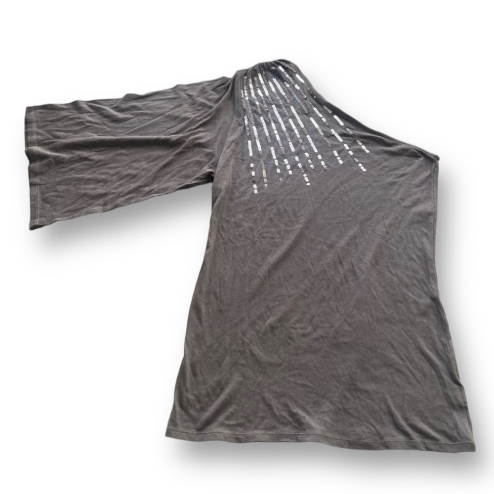 Y2K Grey Sequin One Shoulder Kimono Sleeve Tunic Sz M Video Vixen Nostalgic 90s